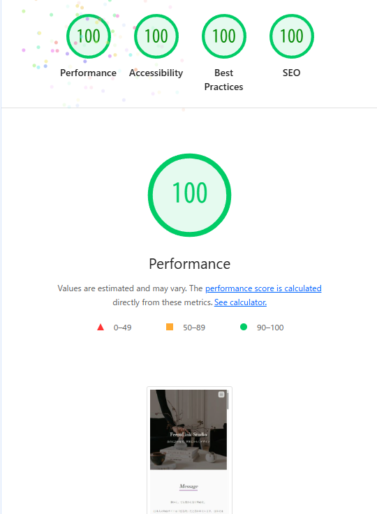 Lighthouse Desktop スコア画面（Performance/Accessibility/Best Practices/SEO 100）